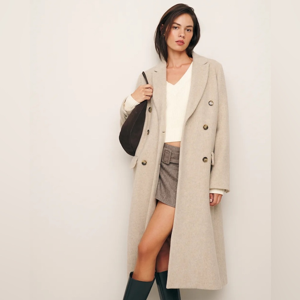 Reformation Paley Double Breasted Wool Coat in Beige, Size M
